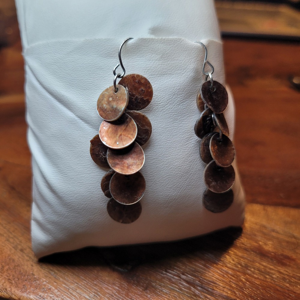 Dangle Earrings with Shell Coins Brown Silver‎ Tone Hook Drop Dangle 1.5 inch